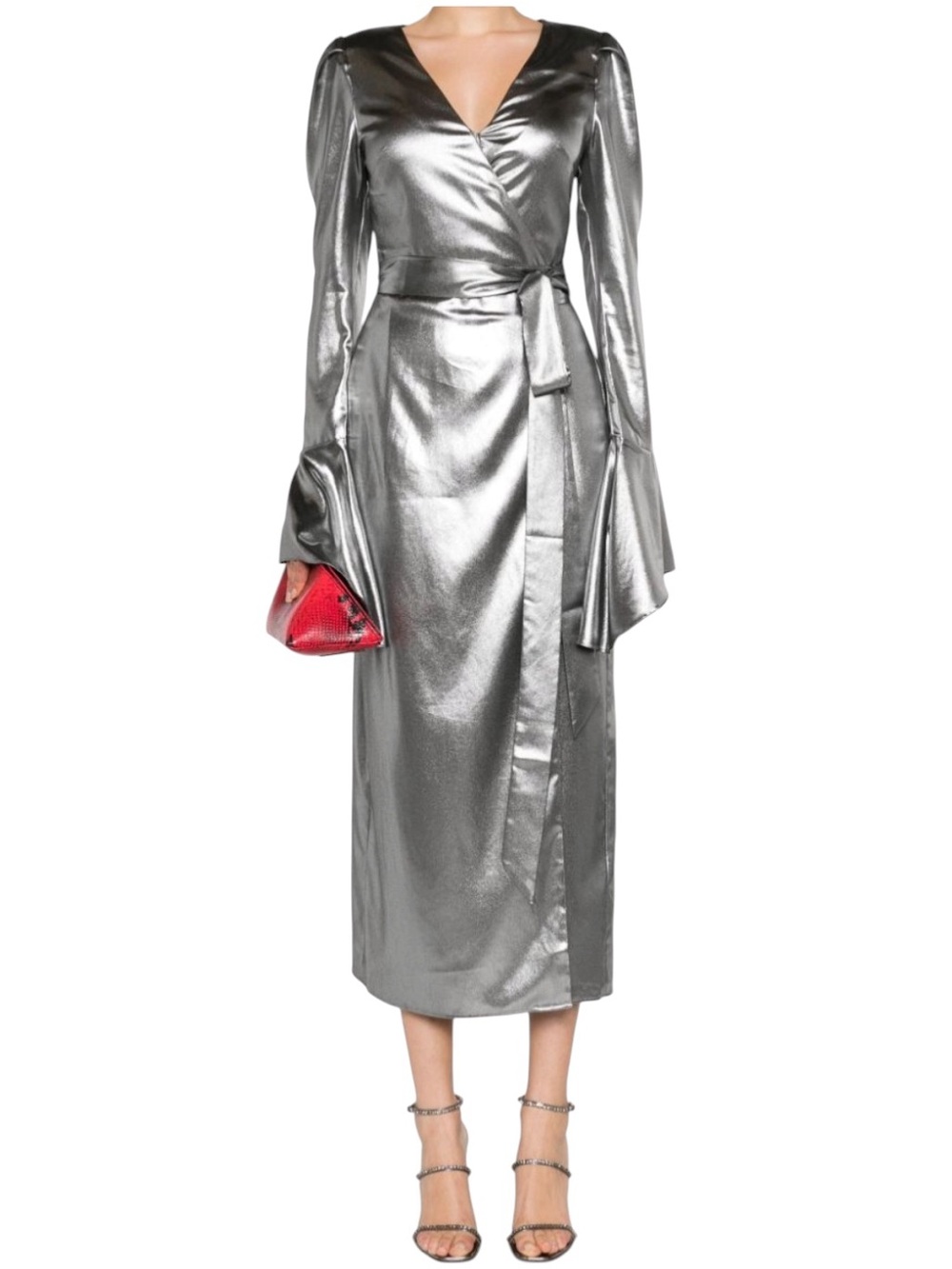 ROTATE Birger Christensen Lamé Wrap Midi Dress Silver Size L 40 NWT Metallic